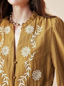 Arave Women's VISCOSE Fabric, V-Neck With Notched Details, Ruffled Edges, Straight Shoulders, Long Sleeves, Gathered Details, Full-Row Button Embroidery Design, Casual Everyday Regular Shirt New Year - Olive Green - View 6