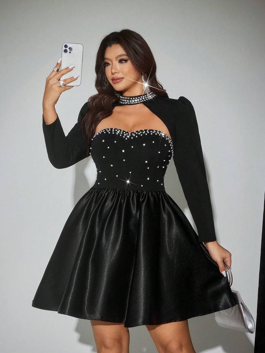 Viva Relle Plus Size Women's Party Sexy Glamorous Banquet Cocktail New Year Ball Diamond Decor Strapless Waist A-Line Short Dress And Stand Collar Long Sleeve Top Two Pieces Set, Valentine's Day - Black - View 1