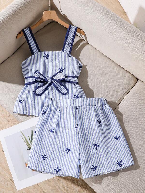 SHEIN Tween Girls' T-Shirt Set, Black Designed Tank Top Set With White Trim, Waist Belt Design, Paired With Shorts, Simple Commuter Style For Summer