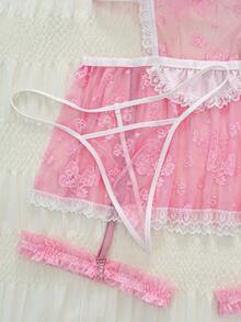 PetitDoll Valentine's Day Plus Size Sexy Lace Patchwork 5-Piece Lingerie Set - Pink - View 4