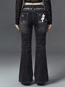 ROMWE Goth 大码女式哥特式深黑色水洗十字架水钻装饰休闲喇叭牛仔裤 - 黑色 - 查看 2