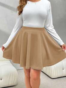 SHEIN Essnce Fustă neagră A-line pentru femei, mărime plus, toamna și iarna, la modă, casual, confortabilă, de bază, versatilă, de zi cu zi, cu fund de femeie, fustă curbată - Kaki - Vizualizare 5