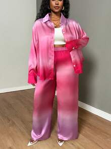 Truni 大码女式扎染印花宽松长袖衬衫长裤套装，带口袋和纽扣细节，适合梨形和三角形身材 - 彩色 - 查看 7