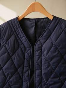 CosyJoli 大码休闲菱形图案短款盖袖马甲棉服外套 - 藏蓝色 - 查看 3