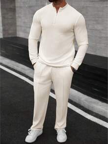 Manfinity CasualCool Bộ đồ nam gồm áo dài tay cổ kéo khóa nửa thân và quần dài màu kem trơn, kiểu dáng thường ngày, 2 món. - Màu be - Xem 6