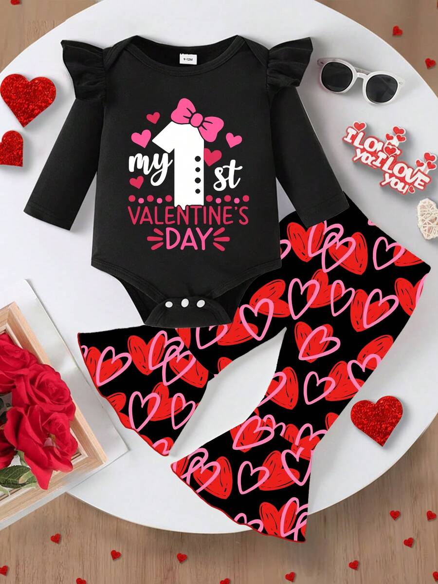 1 Set Baby Girl Cute Fashion Bow "My 1st Valentine's Day" Letter Print Long Sleeve Romper And Heart Print Flare Pants, Suitable For Valentine's Day, Spring/Autumn - Multicolor - View 1
