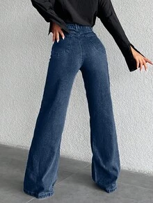 EURMUSE 100%Cotton High Waist Wide Leg Jeans PETİTE - Dark Wash - View 2