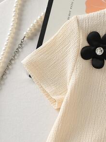 两件套：韩版时尚女童黑色钻石花朵短袖T恤+蝴蝶结珍珠百褶裙，休闲、度假、夏季时尚穿搭 - 杏色 - 查看 8