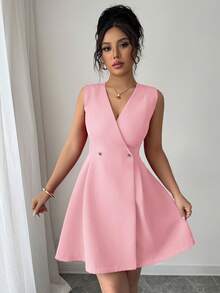 Elenzga 女士优雅休闲度假通勤纯色交叉V领双排扣金属纽扣褶裥A字无袖迷你连衣裙，春夏款 - 淺粉色 - 查看 6