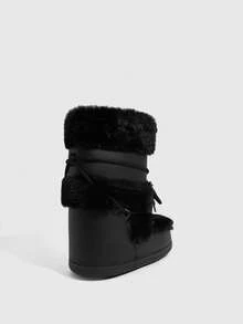 CUCCOO SZL Women Shoes Autumn And Winter New Warm Inner Height Increase Comfortable Bow Straps Moon Boots Round Toe Flat Bottom Casual Hot Girl Wind Fluff Black Snow Boots Outside Wear Snow Women - Black - View 3