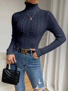Chiquease 女士秋冬季绞花针织高领长袖修身休闲套头毛衣 - 藏蓝色 - 查看 3