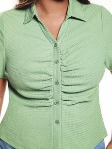 Solavibe Plus-Size Spring/Summer Casual Wear, Holiday And Date, Plus-Size Spring/Summer Casual Vacation Open-Front Knitted Textured Fabric Women's Shirt Collar Top, Summer Beach Wear, Back-To-School, Very Simple, Women's Country Style , Office Wear, Old-Fashioned Style, Teacher's, Date Wear, Graduation Season, Plus-Size Textured Fabric Shirt, Casual Date Green Top. - Green - View 5