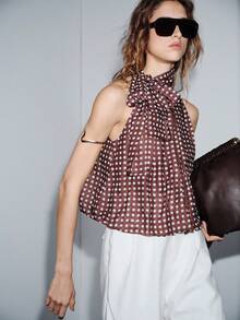 Lumivelle Valentine's Day Women's Fashion Party Graduation Bowknot Polka Dot Print Camisole Polka Dot Top Tie Top Brown Polka Dot Party Top Scarf Top Brown Top Bow Neck Top Pokadot Top Sleeveless Top Brown Polka Dot Top - Brown - View 5