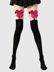 ROMWE Grunge Punk 1 Pair Punk Style Fuchsia Bow Garter Belt & Thigh High Socks - Black - View 3