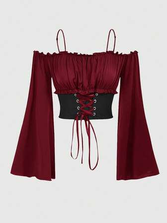 Fairycore Women's Fashion Off-Shoulder Tie-Up Long Sleeve Cropped Shirt