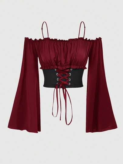 Fairycore Damen Mode Off-Shoulder Langarm Crop Top mit Bindedetail