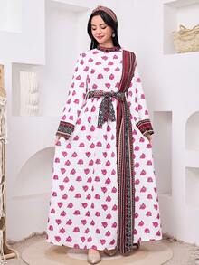 Gaun Fashion Lengan Panjang Kerah Tegak Motif Bunga untuk Remaja Putri - Hitam - View 3