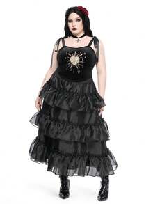 ROMWE Plus Size Women Gothic Lolita Style Heart Embroidery Rhinestone Crystal Teardrop Star Decor Square Neck Lace-Up Camisole Crop Top - Black - View 8