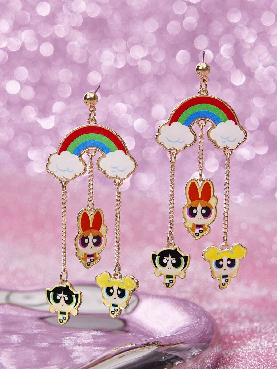 THE POWERPUFF GIRLS X SHEIN Hoa tai xích họa tiết hoa, bong bóng, hoa mao lương dễ thương, thích hợp cho nhiều bữa tiệc, buổi hòa nhạc/lễ hội - Vàng - Xem 1