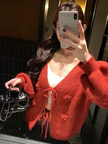 DAZY 女士V领休闲韩版纯色系带长袖开衫 - 紅色 - 查看 6