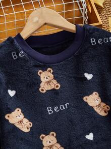 两件套男童休闲抓绒睡衣套装，长袖上衣和裤子，咖啡色，带小熊图案 - 藏蓝色 - 查看 7