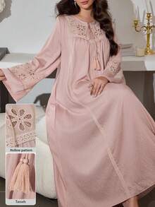 Al Najma V-Neck Drawstring Flare Sleeve Embroidered Patchwork Dress, Spring/Autumn - Pink - View 1