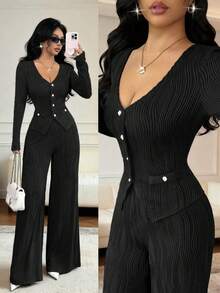 Elenzga 女士咖啡棕色纹理V领开衫，珍珠纽扣设计，长袖上衣，优雅、精致、性感，非常适合作为生日礼物、约会、旅行、独立日、网络星期一、万圣节、光棍节、返校派对、单身派对、节日穿着。 - 黑色 - 查看 1