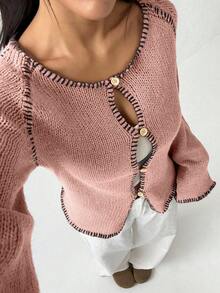 Jeanoix 女士休闲撞色滚边喇叭袖开衫，秋季 - 粉色 - 查看 5