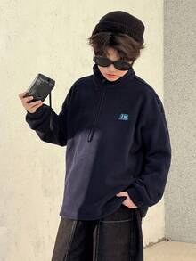 DAZY 青少年男童休闲宽松卫衣，带硅胶标签，秋季款 - 藏蓝色 - 查看 5