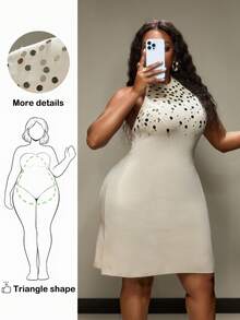 Truni Plus Size Women Short Knitted Halter Neck Dress, Sequin Detail Dress, Winter, For Pear Triangle Body Shape - Apricot - View 1