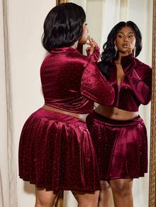 Truni Plus Size Women Velvet Zip-Up Top & Mini Skirt 2 Pieces Set, Casual & Fashionable, For Pear Triangle Body Shape - Red - View 3