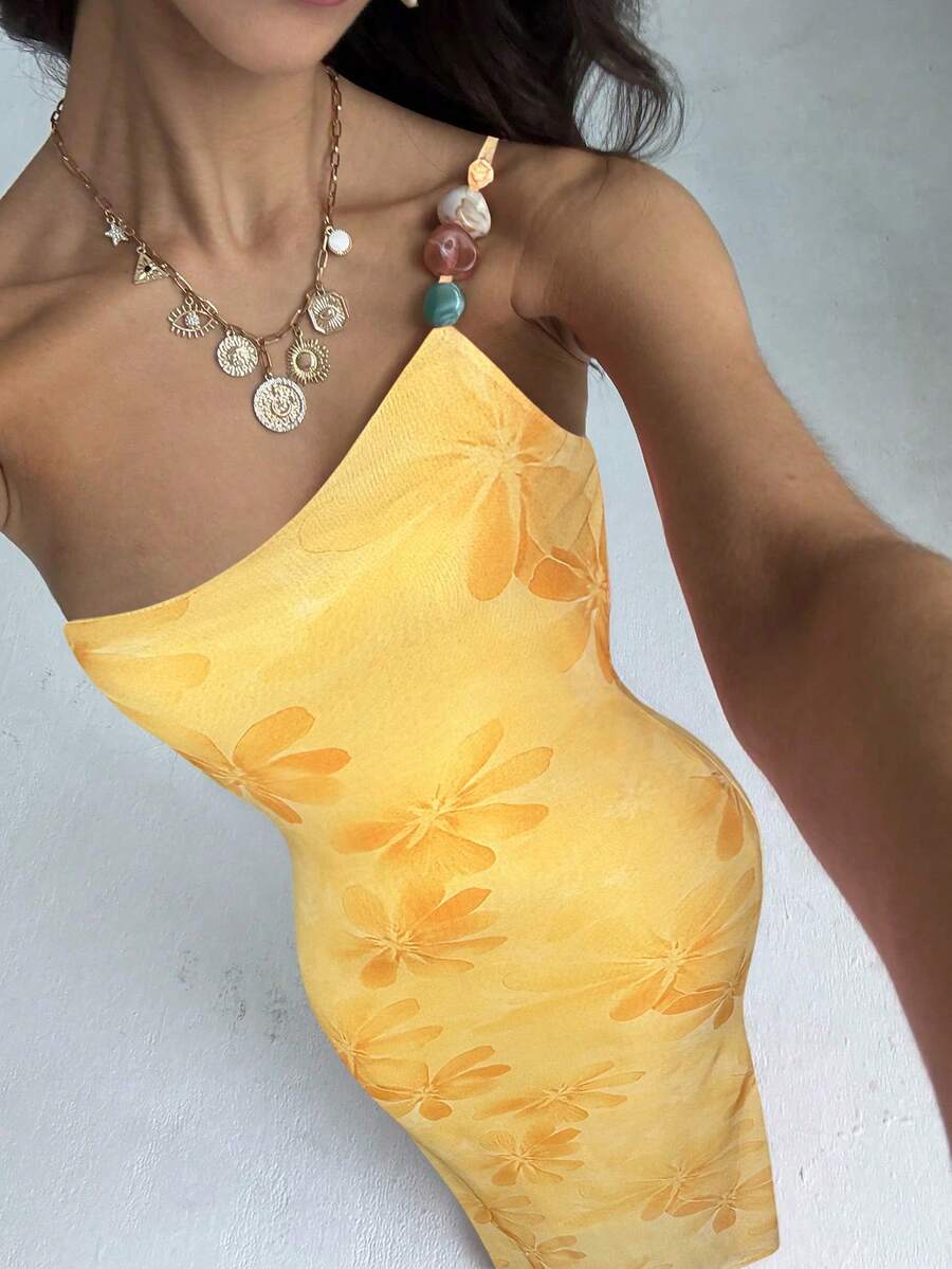 Aloruh 女士印花无袖修身中长连衣裙 - 黃色 - 查看 1