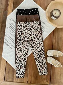 SHEIN LMoss Kids 3件套 女童爱心豹纹针织休闲打底裤 - 卡其色 - 查看 2