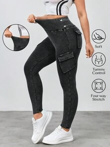 SHEIN FlexDen Women's Casual Washed High Waist Slim Fit Cargo Jeans - Black - View 1