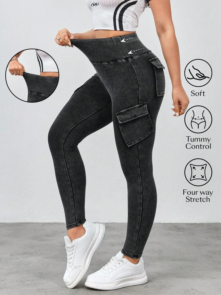 SHEIN FlexDen Women's Casual Washed High Waist Slim Fit Cargo Jeans - Black - View 1
