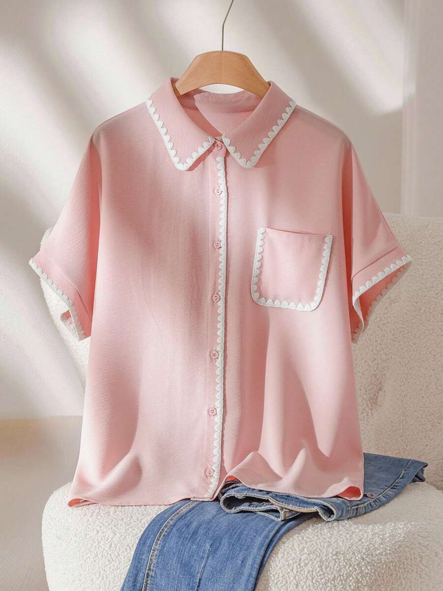 CosyJoli 大码女式休闲宽松短袖撞色滚边衬衫 - 粉色 - 查看 1