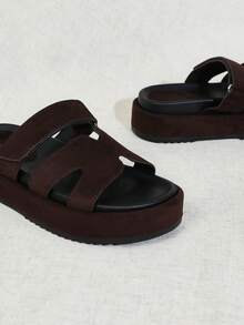 SHUZIA All-Time Bestseller Women's Luxury Harness Cutout Open Toe Platform Suede Coffee Slide Sandals – Slip-On, Strappy & Comfortable Essential Mother's Day Present For Christmas Valentine's Day - Coffee Brown - View 6