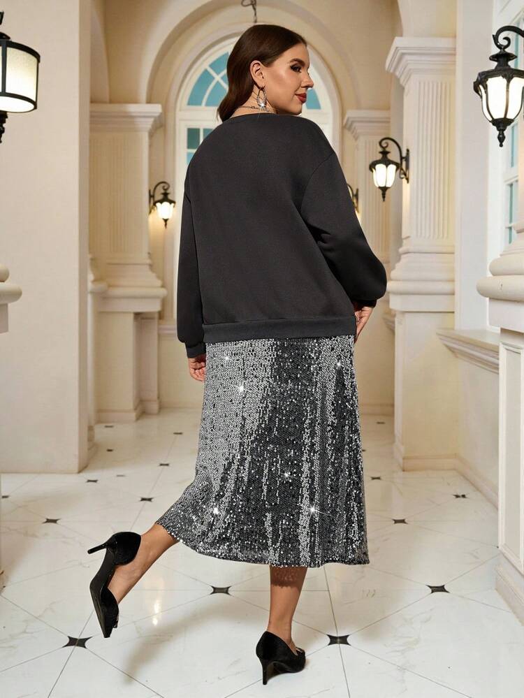 Ensemble 2 pièces femme grande taille, pull oversize à manches longues col rond et jupe mini à sequins