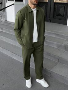 Manfinity CasualCool Men's 2 Piece Set Army Green,Autumn,Smart Casual,Work Solid Color Collar Zip-Up Jacket & Drawstring Pants Casual Commuter Sweatsuits Outfit Streetwear - Army Green - View 1