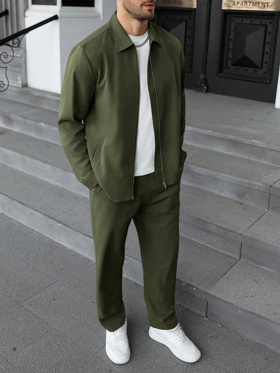 Manfinity CasualCool Men's 2 Piece Set Army Green,Autumn,Smart Casual,Work Solid Color Collar Zip-Up Jacket & Drawstring Pants Casual Commuter Sweatsuits Outfit Streetwear - Army Green - View 1