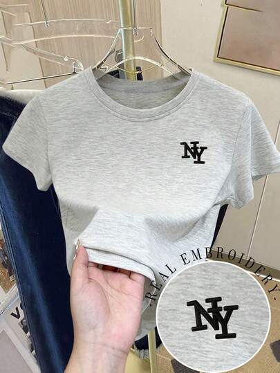 Resyla Women's Black NY Letter Embroidered Cropped Fitted Short Sleeve T-Shirt, Casual Fashionable Short Sleeve For All Seasons, Elegant Comfortable Design, Casual Outdoor T-Shirt, Light Gray Casual Short Sleeve, New Midriff-Baring Waist T-Shirt, Fitted Cropped T-Shirt
