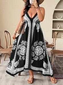 Weeklong Plus Size Women Elephant Print Asymmetric Strap Vacation Dress - Black - View 6