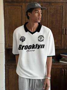 SWAVVY 男士字母印花短袖休闲宽松 Polo 衫 - 白色 - 查看 3