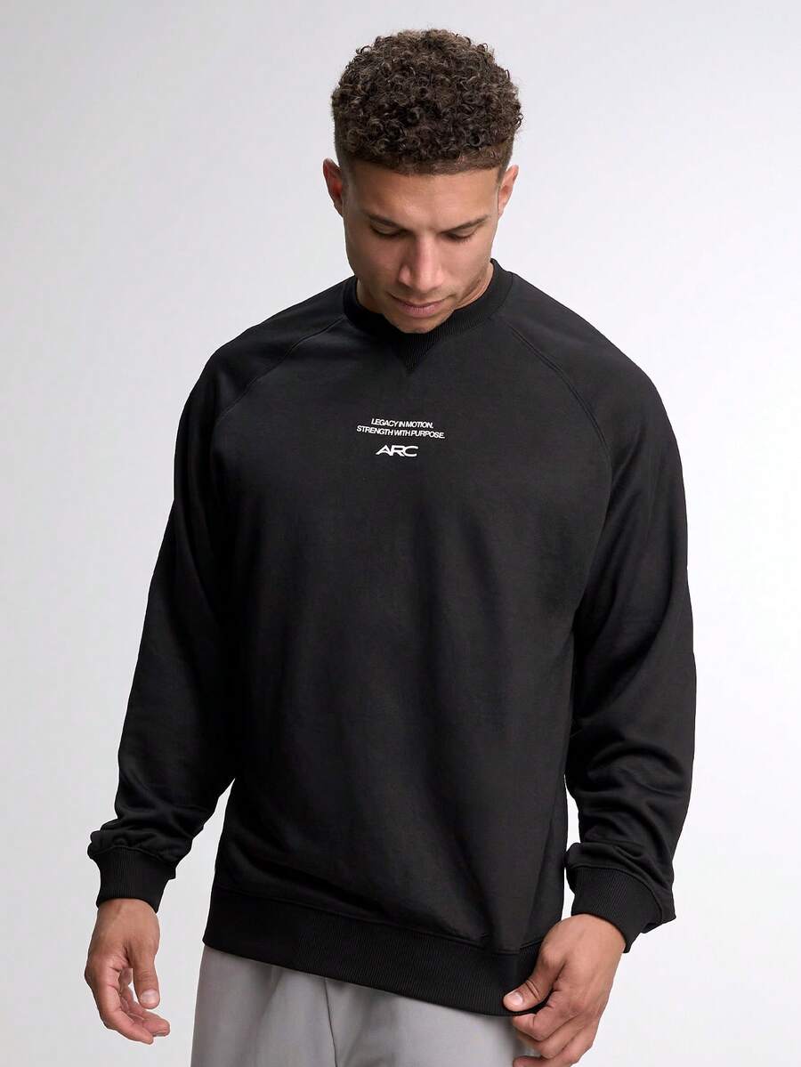 Men's Slogan Print Raglan Long Sleeve Casual Pullover Sweatshirt - Black - View 1