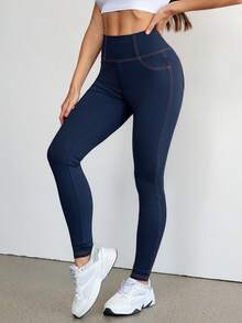 SHEIN Tall Summer Outfit Patched Detail Top-Stitching Black Knit Wideband Waist Leggings - Blue - View 5