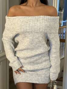 Ronhire 灰色露肩高领长袖迷你毛衣裙，上衣宽松下装紧身，适合年轻女士，秋冬 - 灰色 - 查看 6