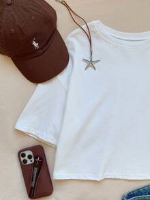 Comfortcana Solid Drop Shoulder Crop Tee - White - View 6