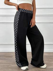 EURMUSE Women's Elastic Waist Polka Dot Print Patchwork Loose Casual Wide Leg Sweatpants - Black and White - View 3