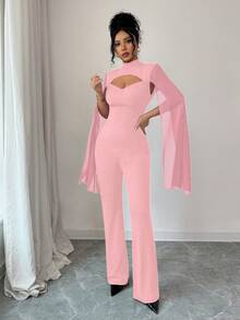 SHEIN Elenzya Bộ đồ liền thân hở lưng đính kim tuyến cổ đứng cho nữ dự tiệc - Hồng - Xem 5