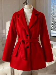 Sparklyn Elegant Wool Blend Jacket For Teen GirlCasual & Versatile, Featuring Belt Waist, 2 Black Buttons, Lapel Collar Design, Suitable For School, Commute, Shopping, Walking, Can Be Paired With Pants, Sweatpants, Long Sleeve Tops, Sweaters - Burgundy - View 3